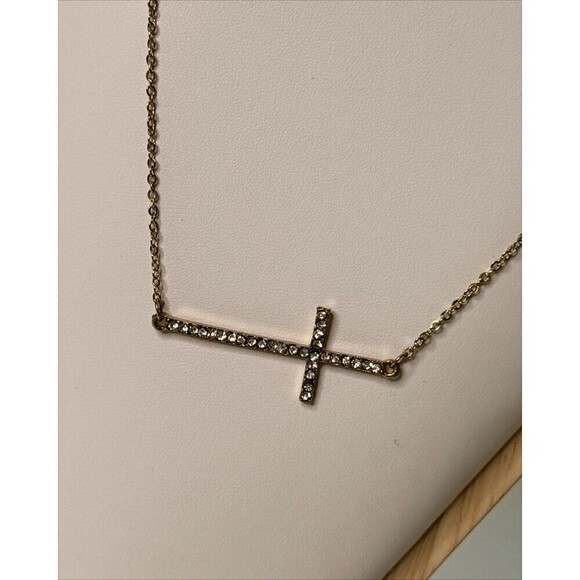 Gold Plated Sideways Cross Necklace Pendant Adjustable Trendy Everyday Simple - Picture 2 of 5